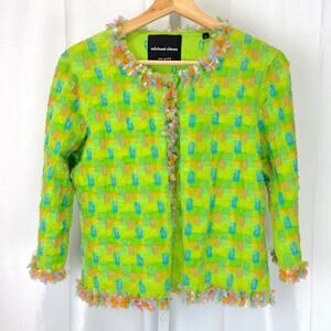 MICHAEL SIMON Embellished Crop Cardigan Sweater Green Multicolor Runs Small L